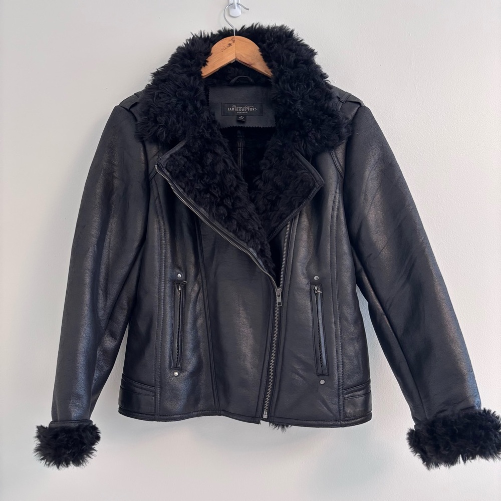 Fabulous Furs Black Faux Leather and fur Jacket